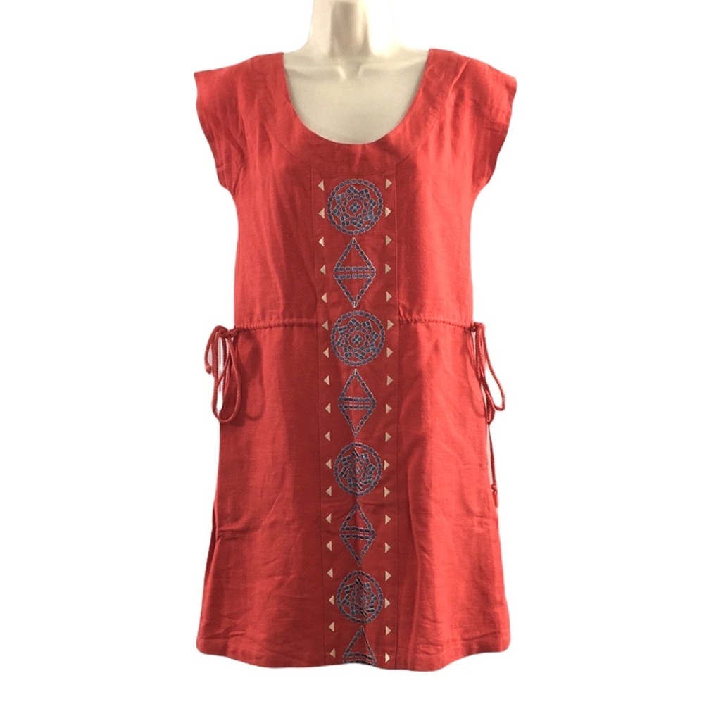 Lauren Moffatt Orange Blue Embroidered Shift Dress Womens‎ 0 Silk Cotton Linen